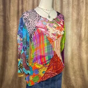 Y2K Patchwork Mesh Top Floral Paisley Sheer Multicolor Boho Fairy Hippie Euro